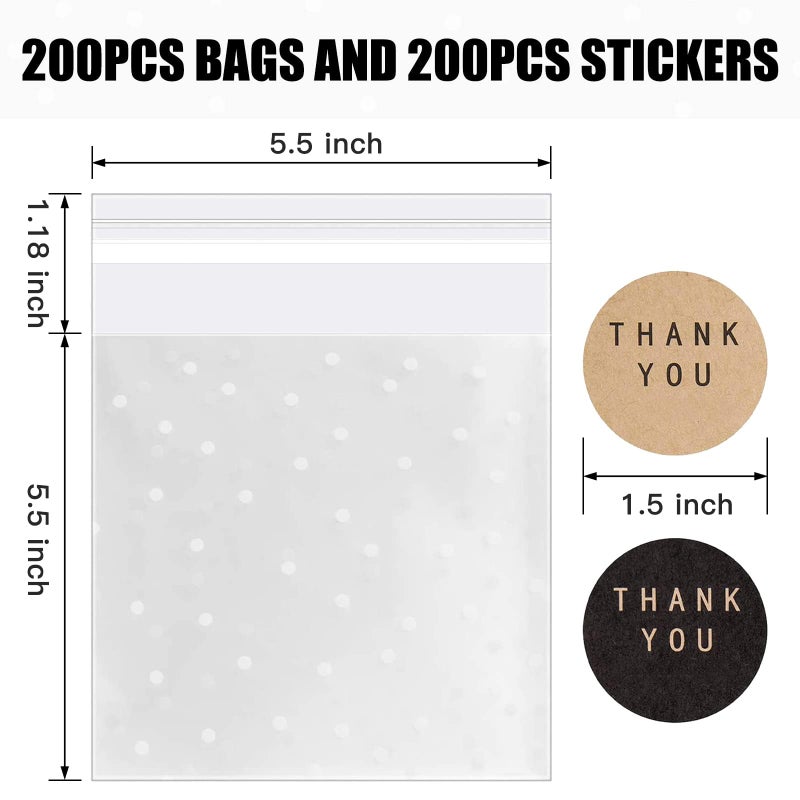 YunKo 200 Pack Self Sealing Clear Cookie Bags with Polka Dots & Thank You Stickers â€“ 5.5x5.5 Inch Resealable Treat Bags for Cookies, Candy, Chocolate, Bakery Goods, Party Favors - Image 3